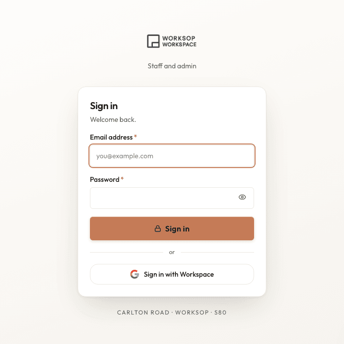 wwOS staff and admin sign-in screen